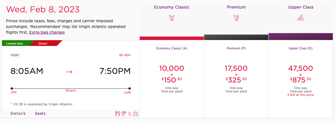 Virgin Atlantic JFK to LHR award pricing