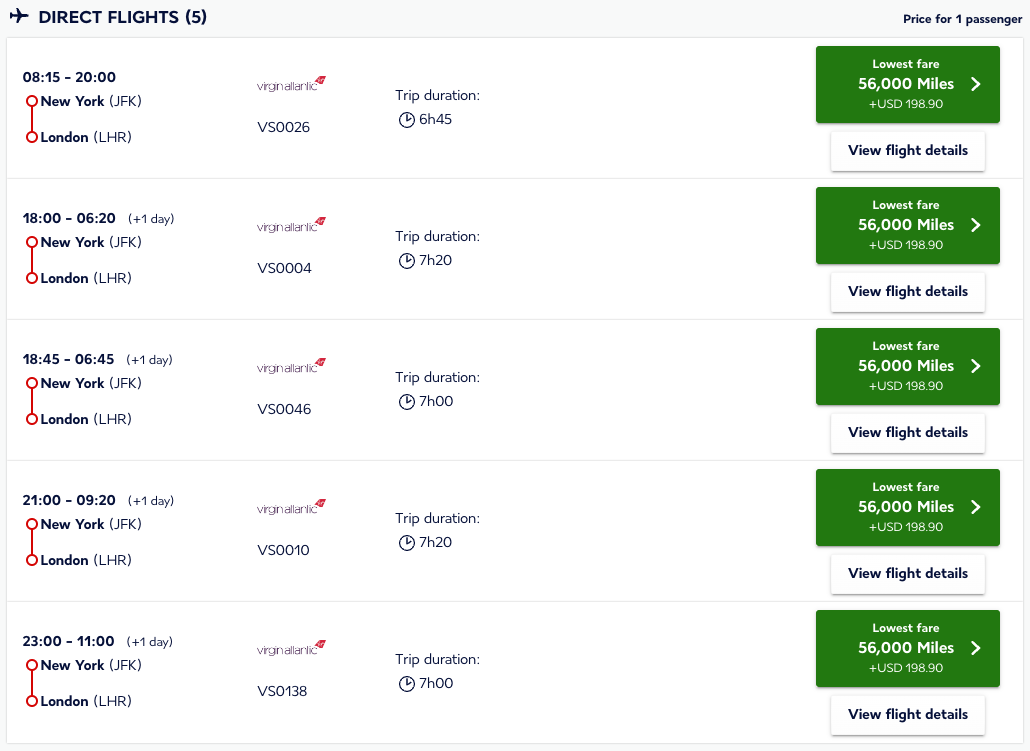 Virgin Atlantic award pricing on Flying Blue website
