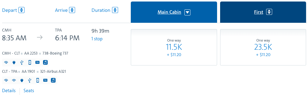 American Airlines Columbus to Tampa fare search