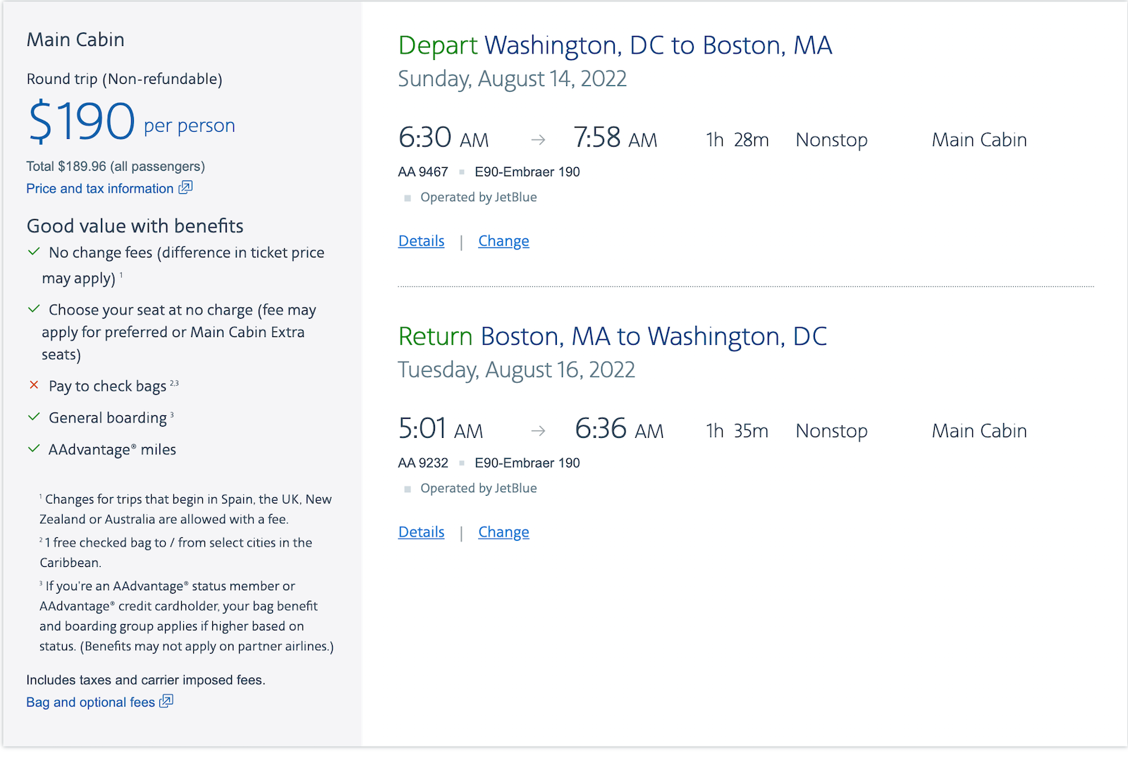 american airlines booking screenshot