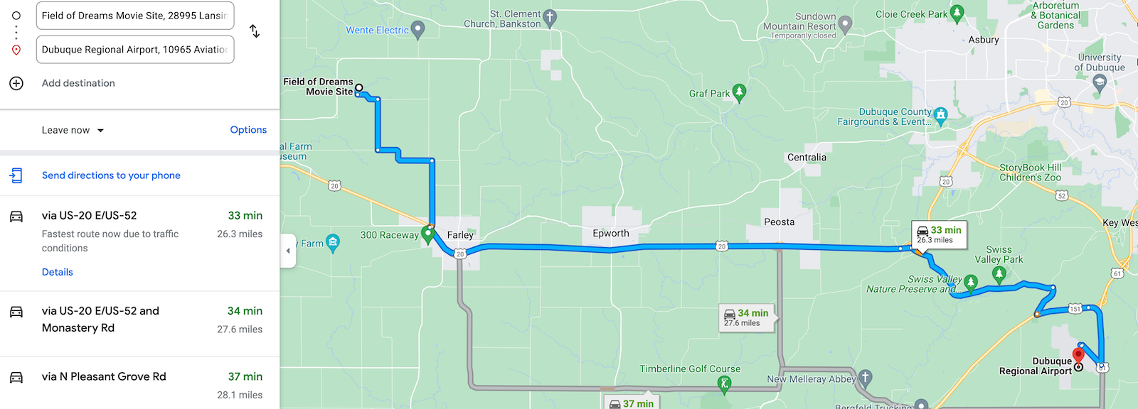 dyersville to dubuque ia map