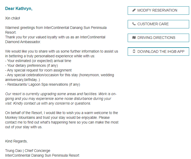 Email from the InterContinental Danang Sun Peninsula Resort