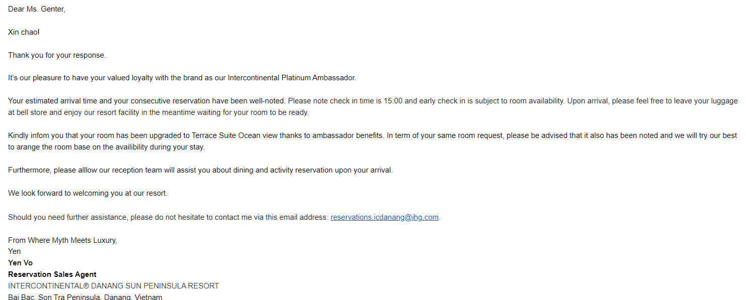 Email from the InterContinental Danang Sun Peninsula Resort