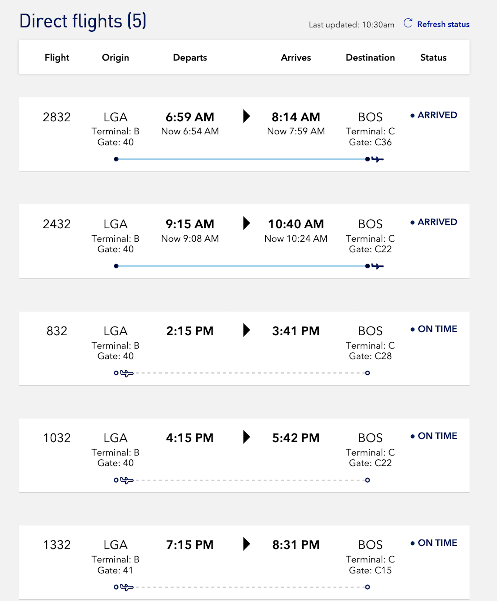 jetblue flight status screenshot
