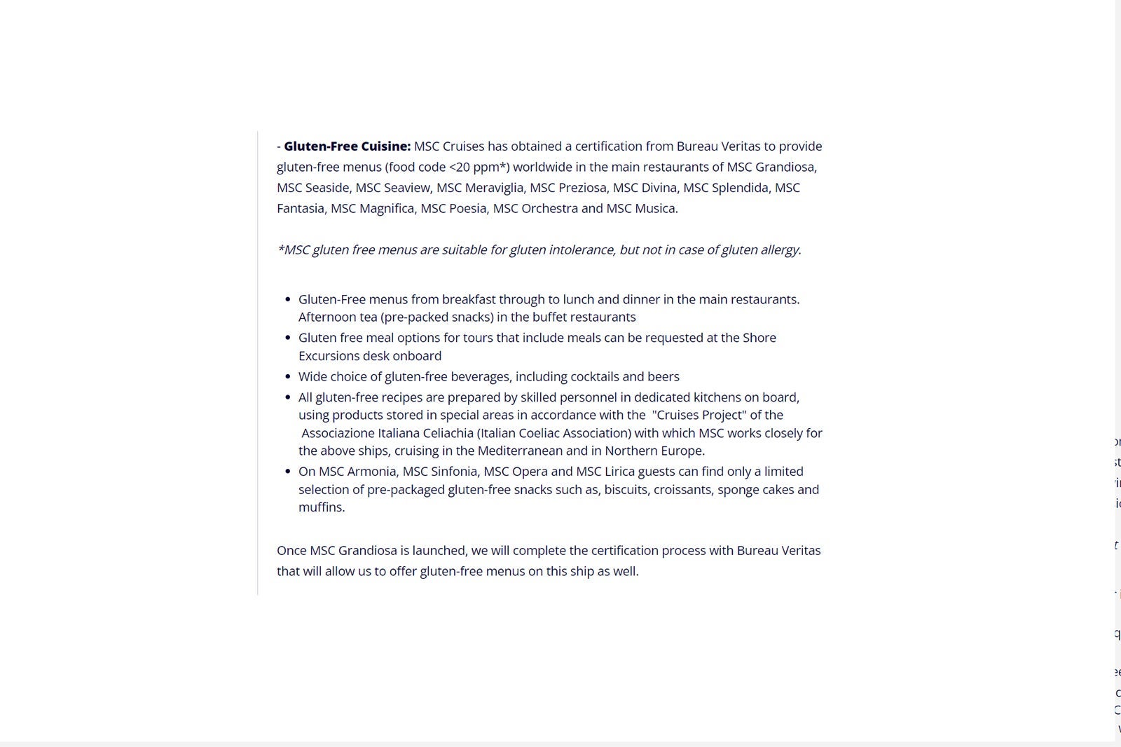 MSC's gluten-free information