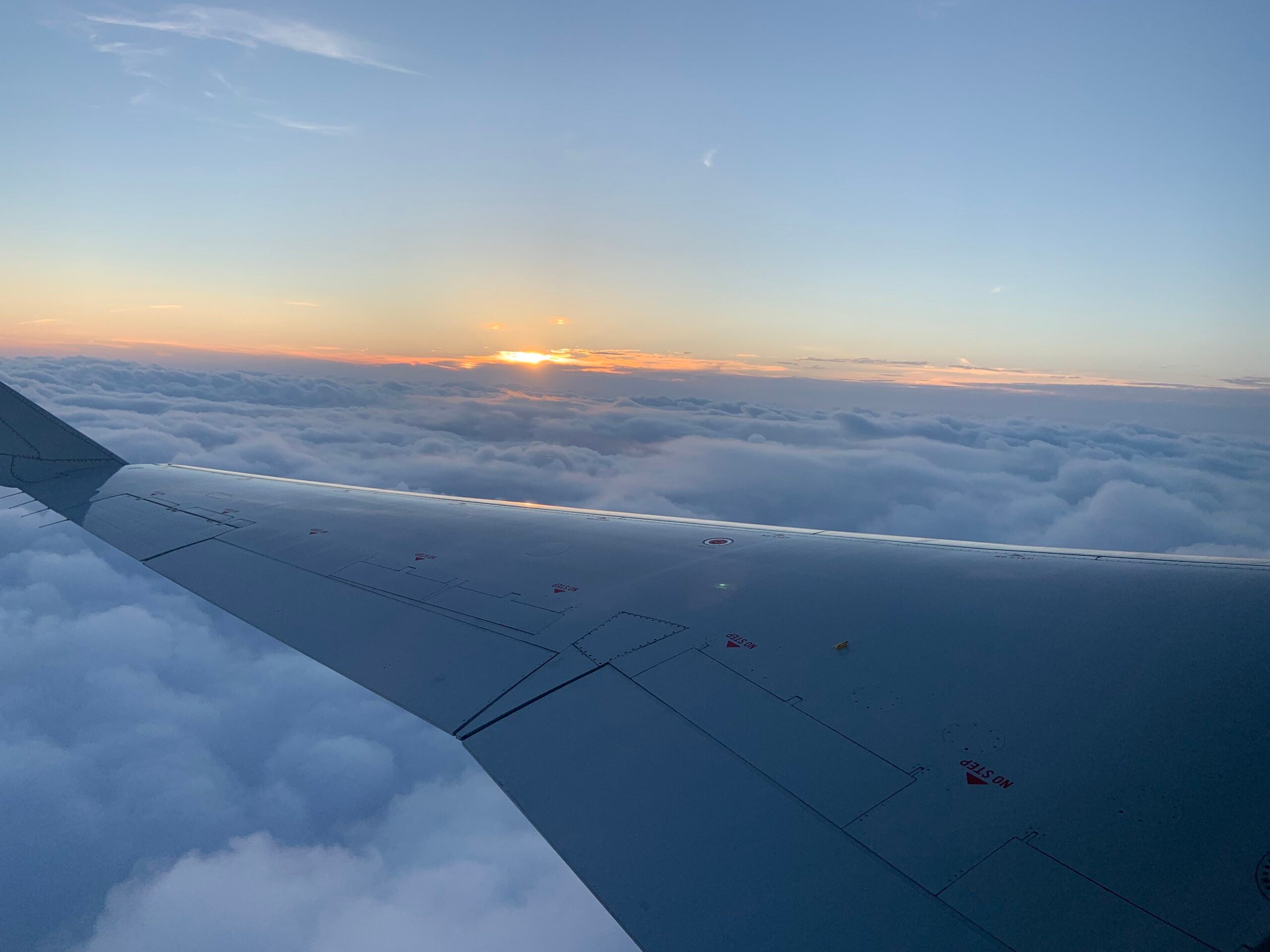 a plane flies above the clouds at sunset