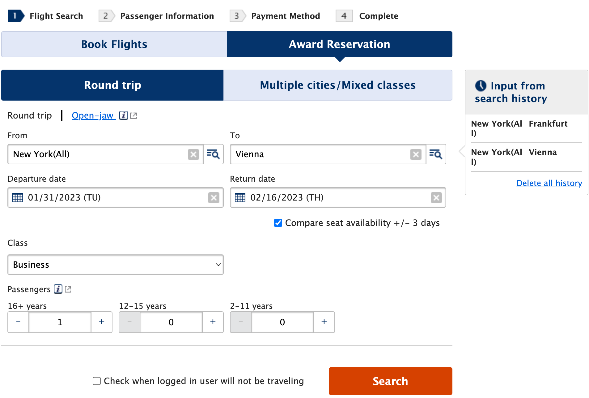 Award booking availability JFK-VIE via ANA