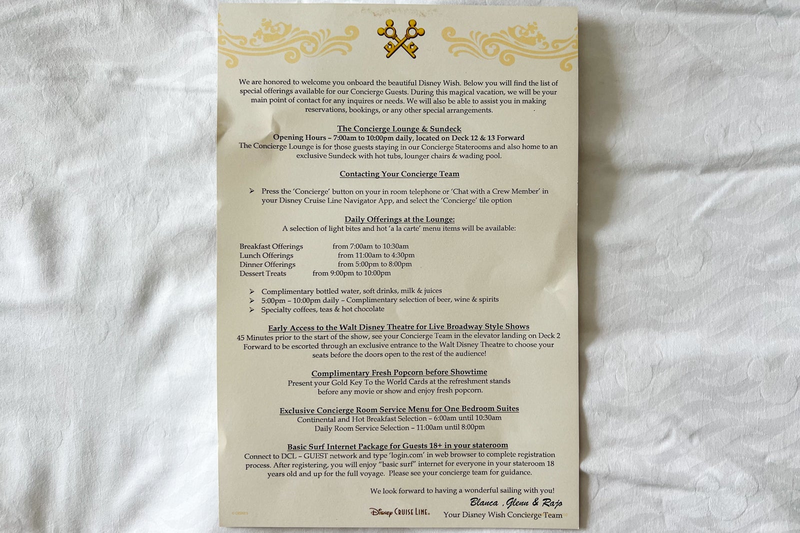 Information sheet for concierge-level guests