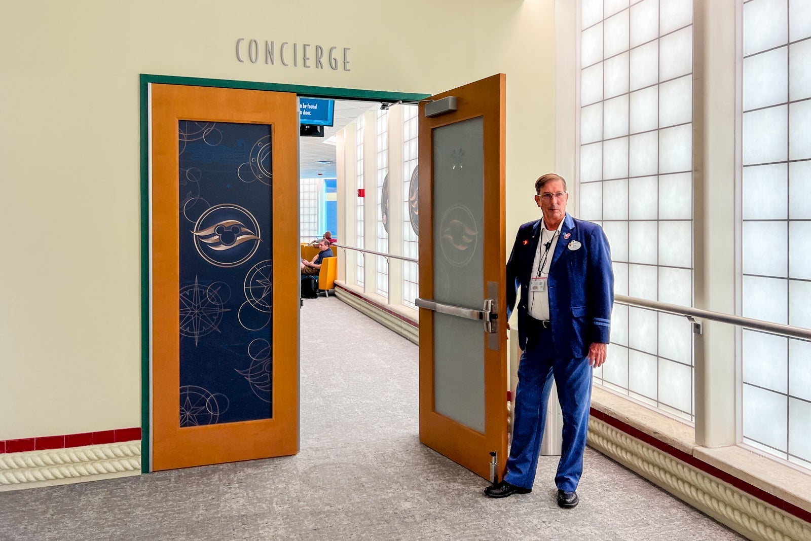 Entering the port's concierge lounge