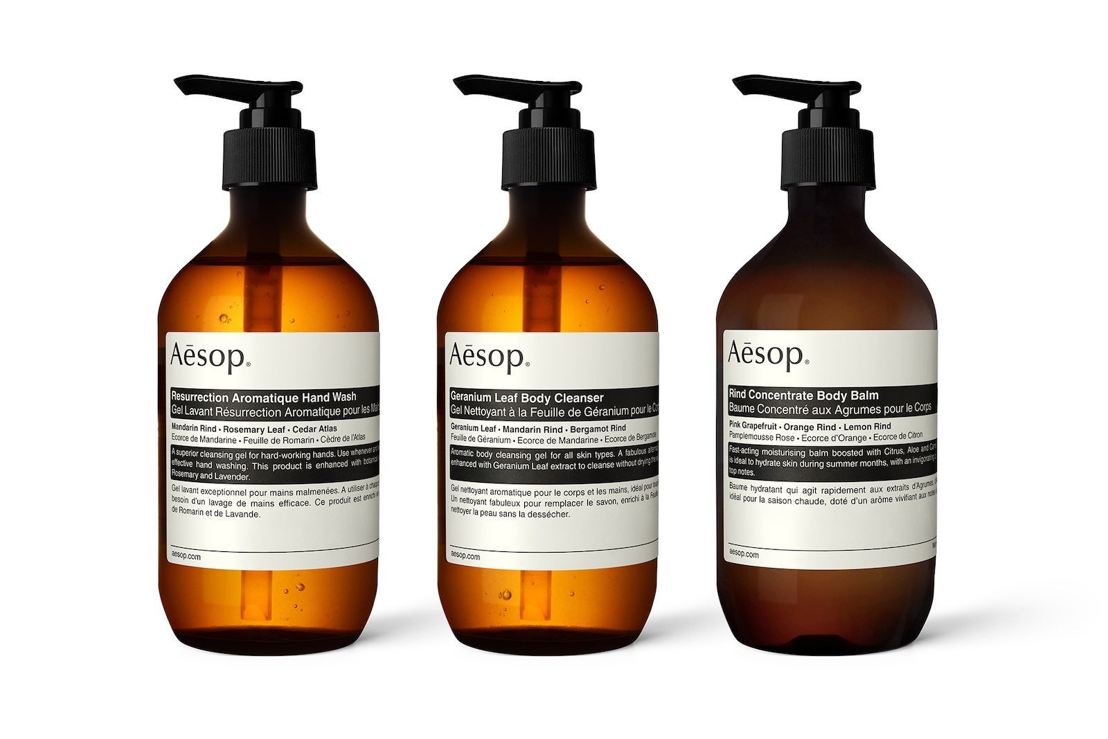 brown pump bottle with tan labels from Aesop