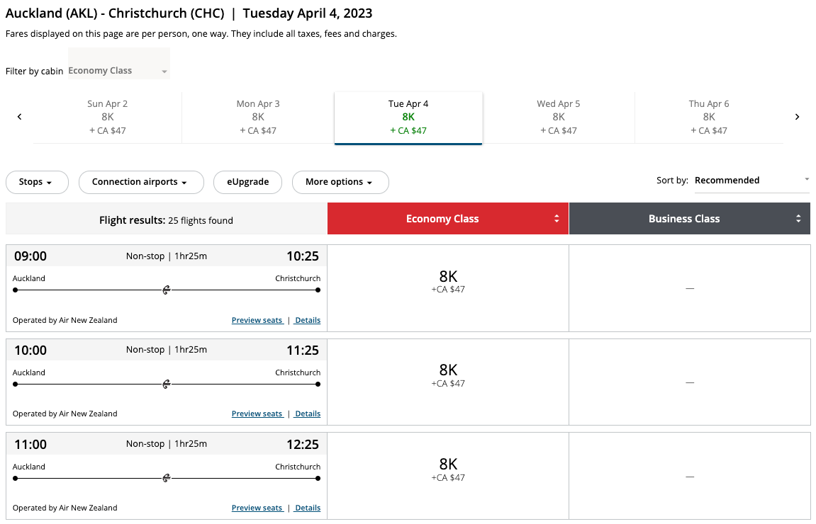 Air New Zealand award ticket on Air Canada's website