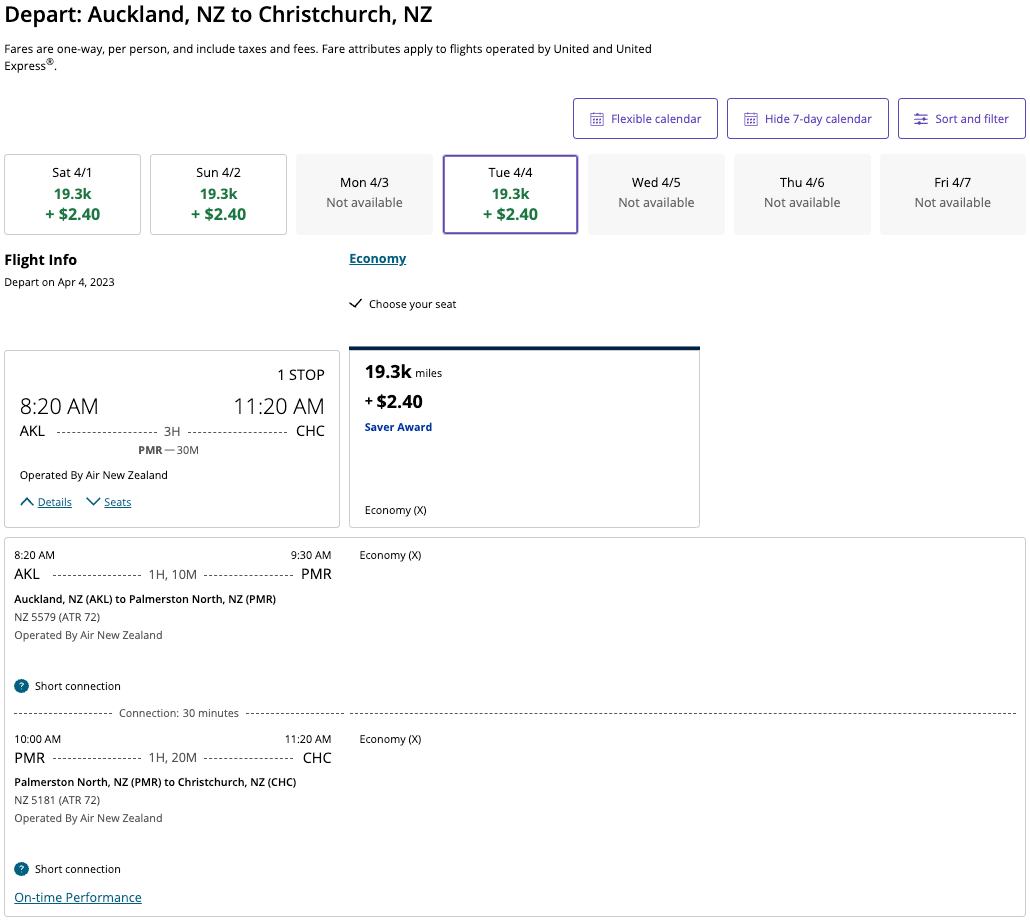 Air New Zealand award ticket on United's website