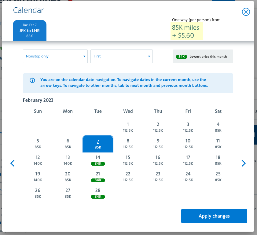 American Airlines award calendar showing JFK to LHR flights