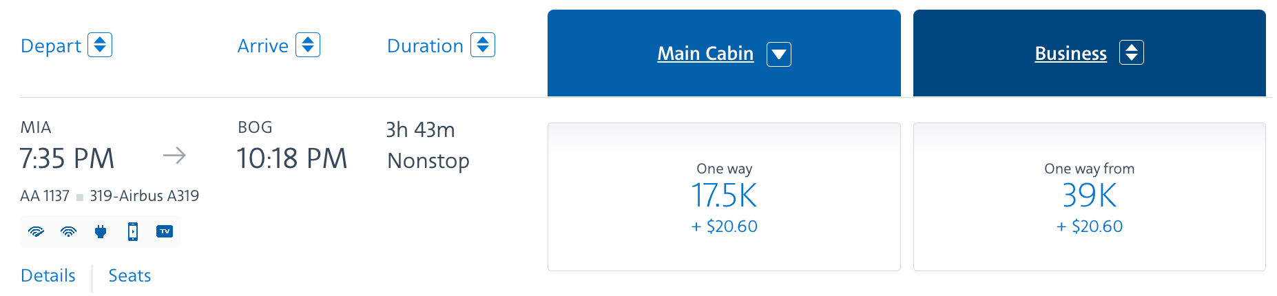 American Airlines off-peak award from Miami to Bogota