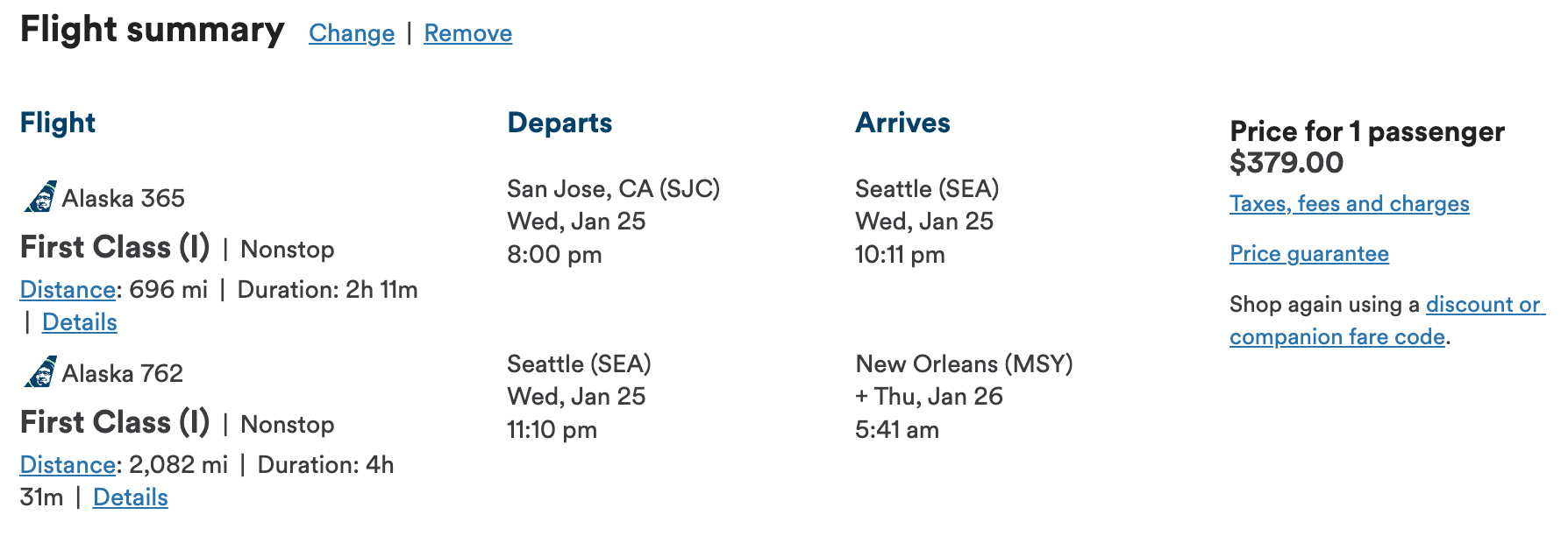 Booking SJC to MSY on Alaska First class