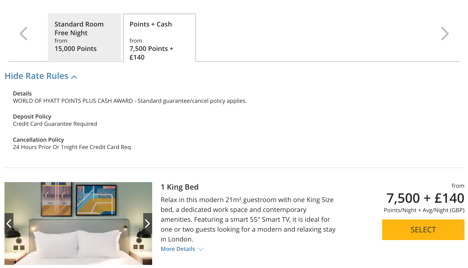 Booking a Points + Cash room at the Hyatt Place London City East