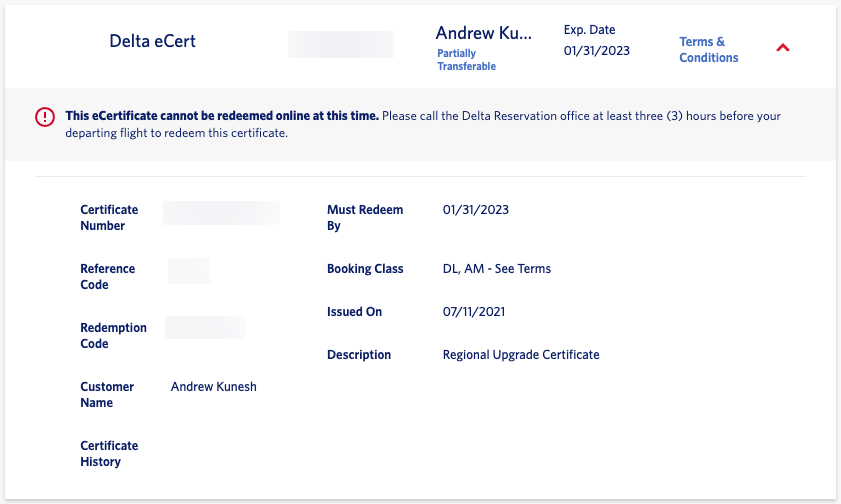 Delta regional upgrade certificate