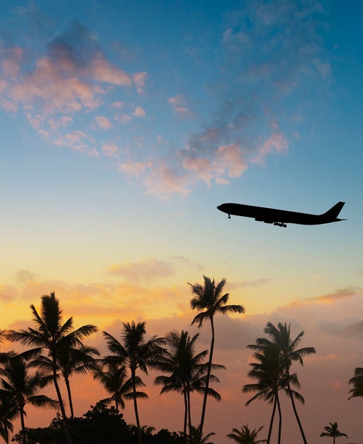 Plane takes off in sunset
