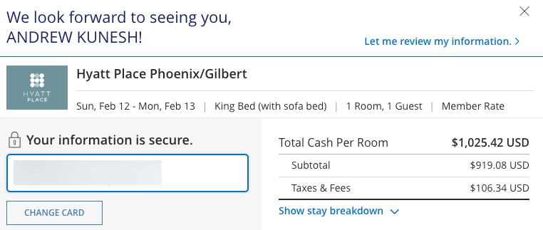 Hyatt Place Phoenix Gilbert cash price after tax on Super Bowl Sunday