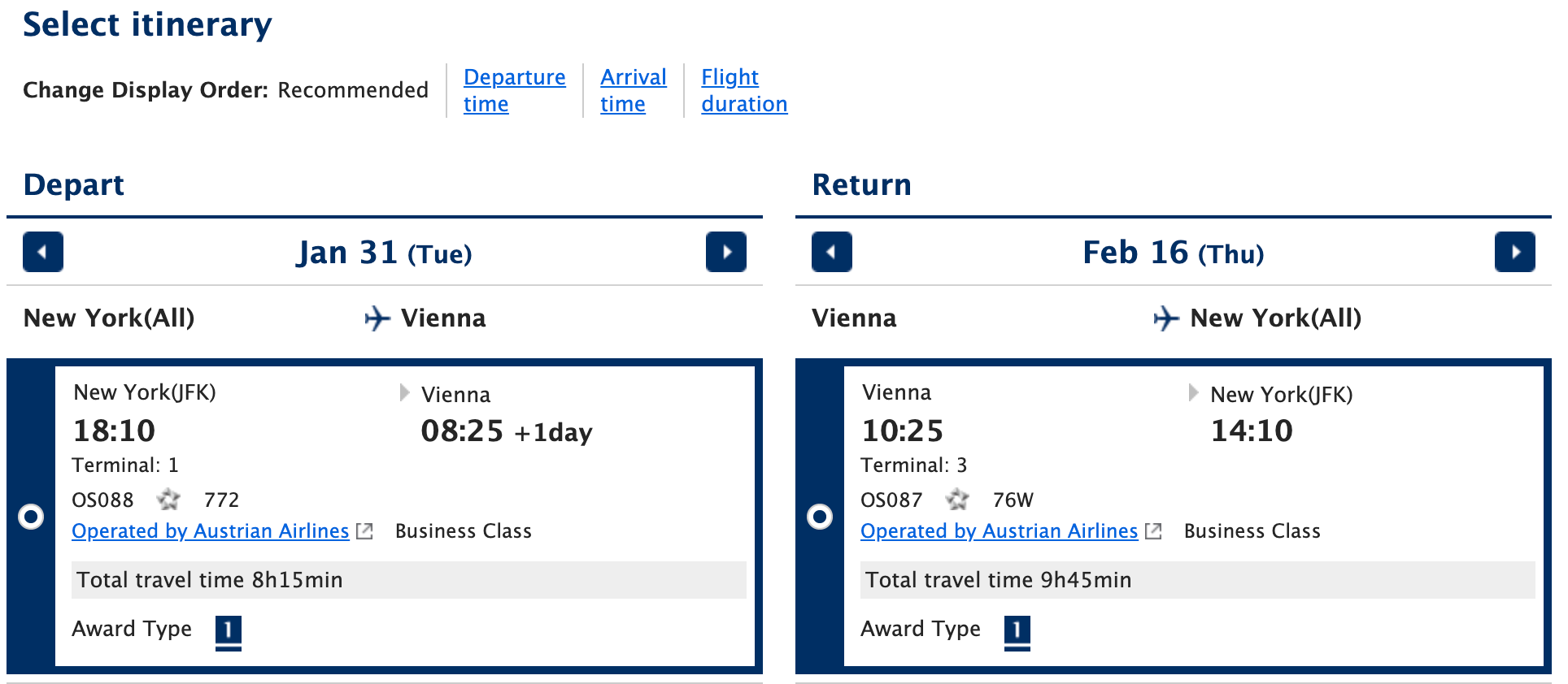 ANA award booking JFK-VIE