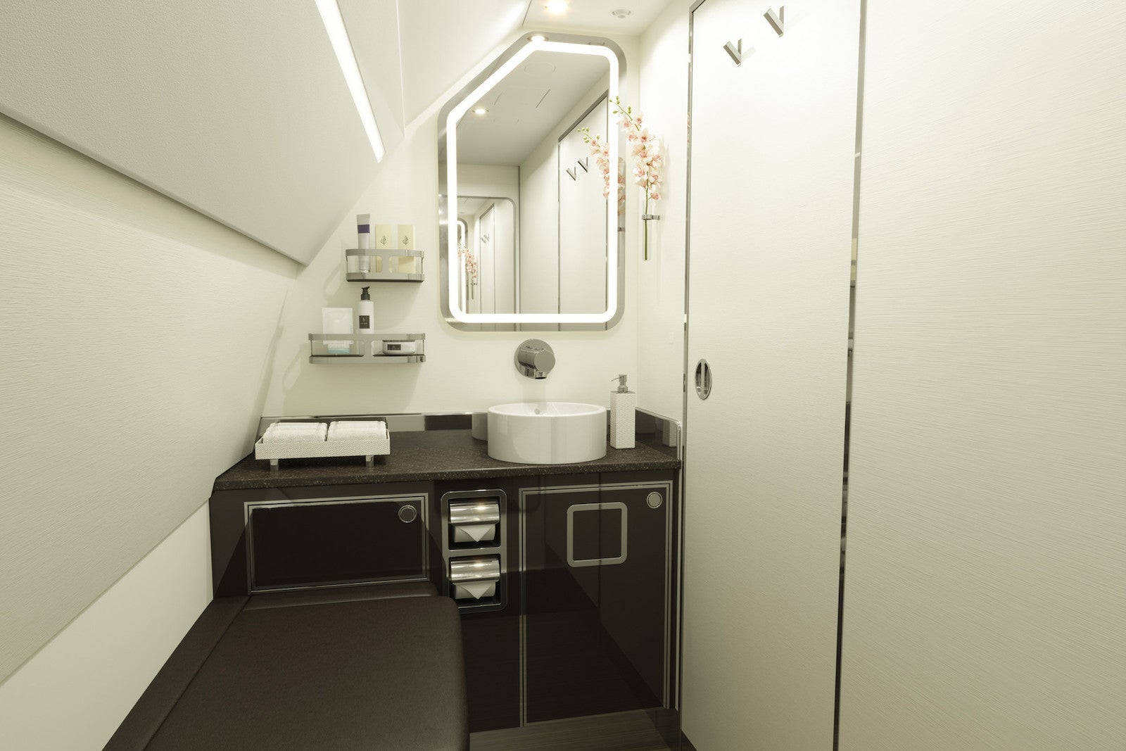 airplane bathroom with mirror, flower on wall, sink