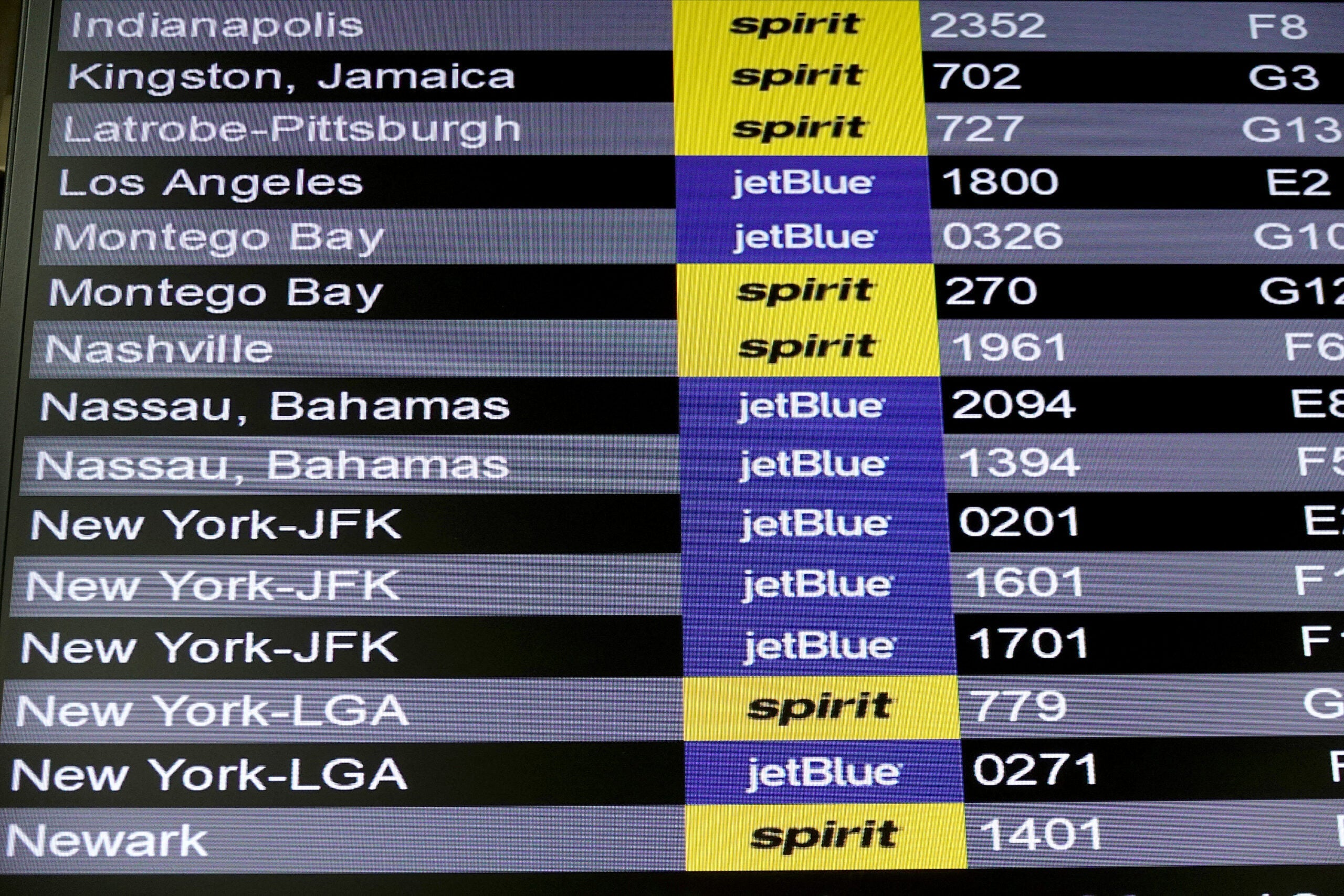 JetBlue and Spirit flights on a screen at Fort Lauderdale airport