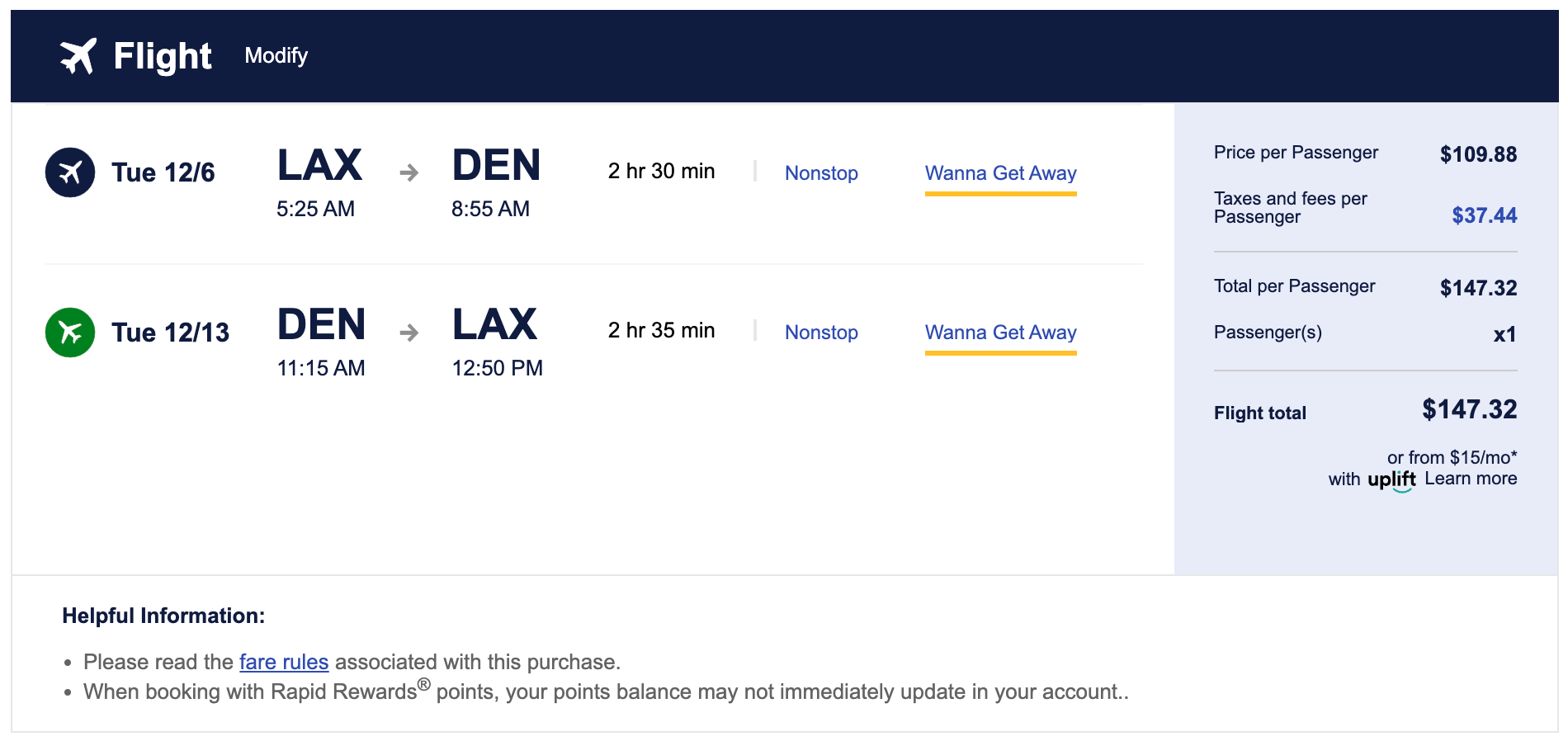 Southwest flight prices