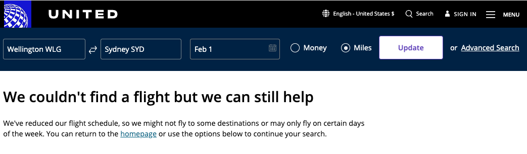No award space on United's website
