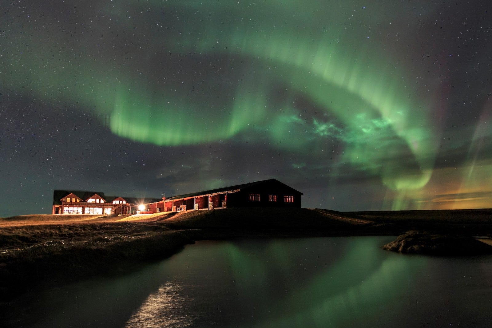 northern lights over hotel