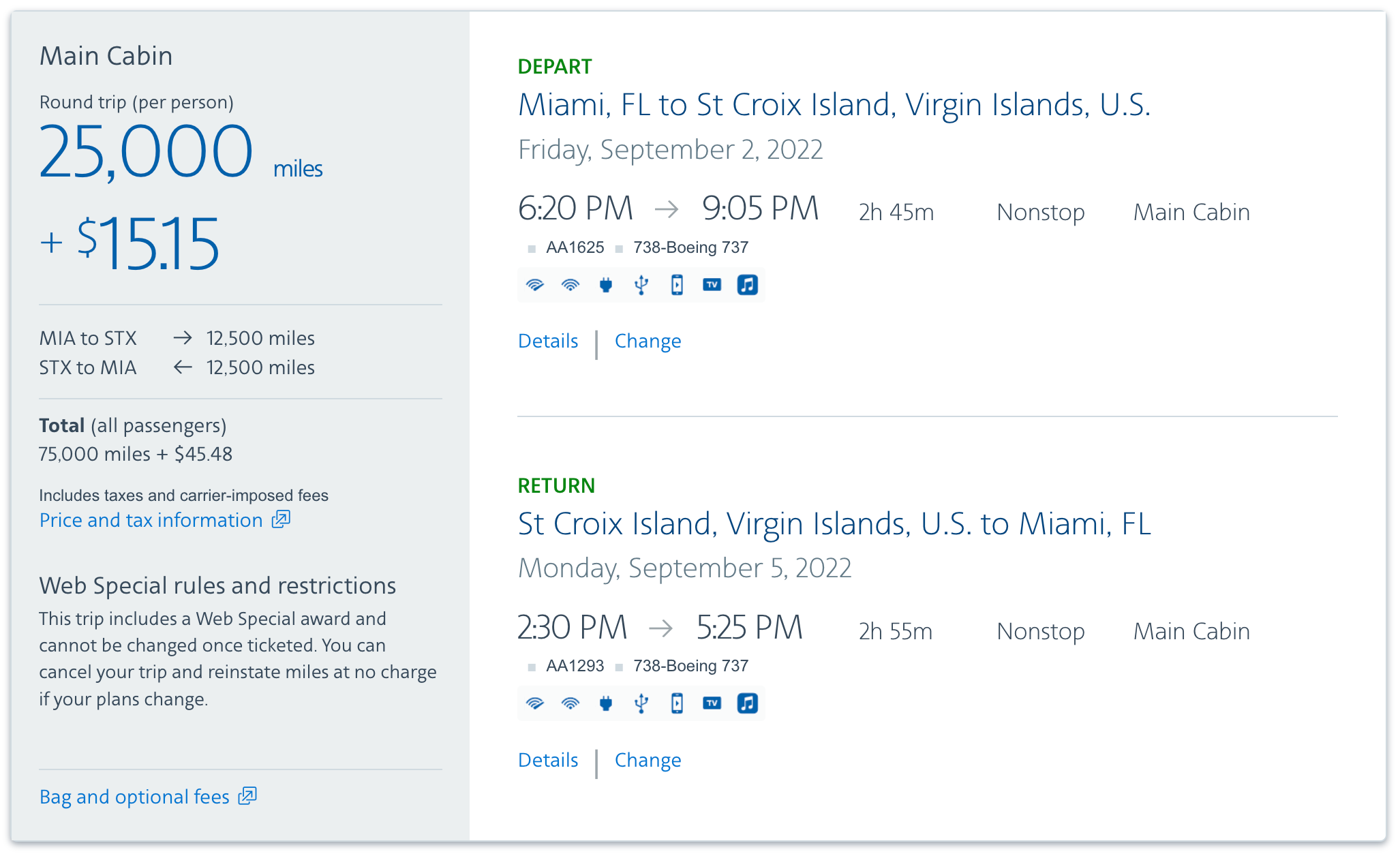 An award ticket from Miami to St. Croix on American Airlines