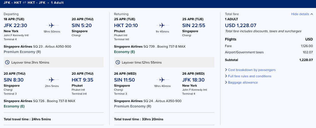 JFK to SIN to HKT flight info