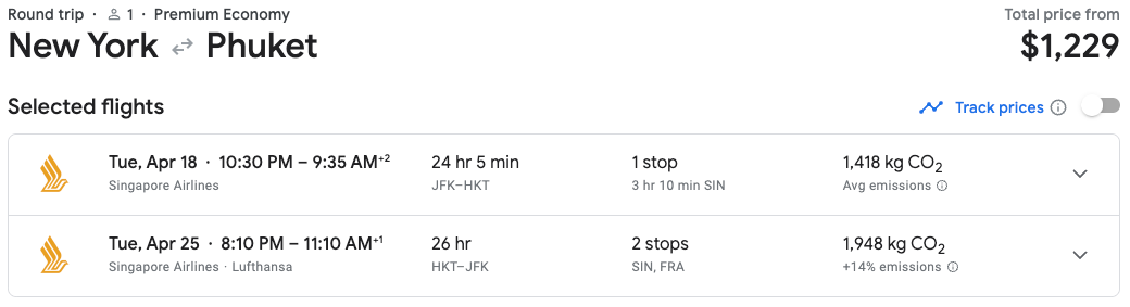 New York to Phuket flight
