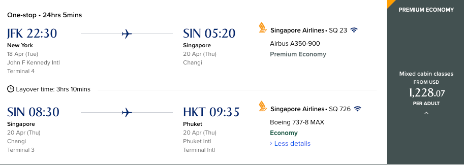 JFK to SIN to HKT flight info