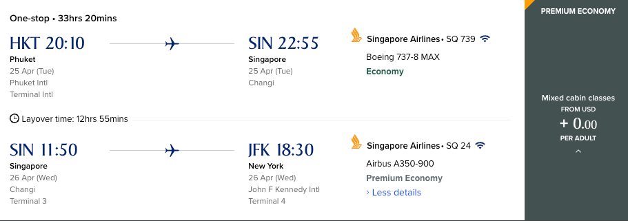 HKT to SIN to JFK flight info