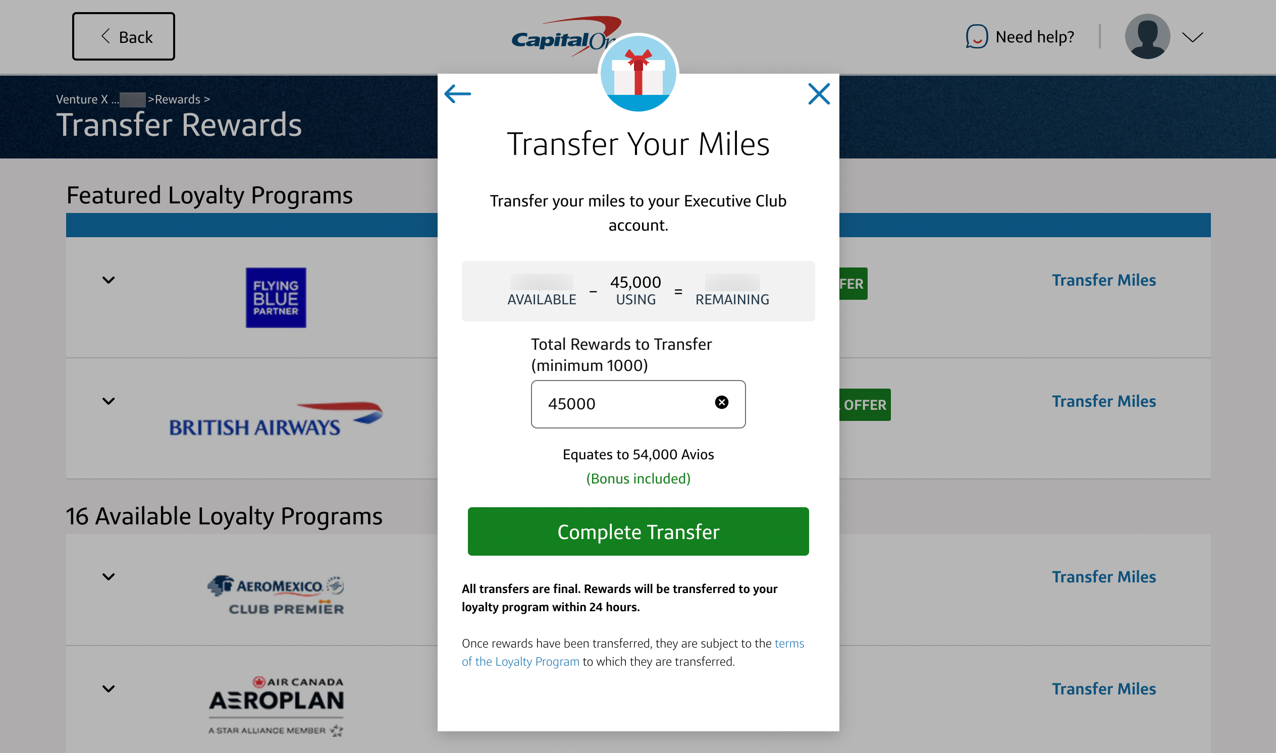 The final confirmation page for transferring Capital One miles to British Airways