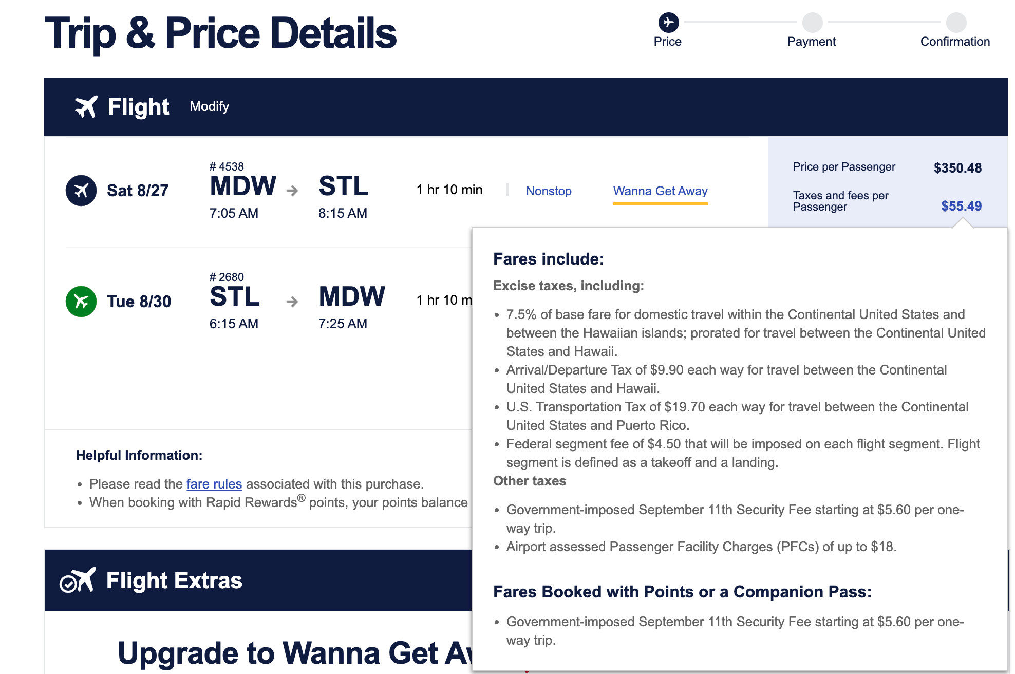 Screenshot of taxes and fees on a SWA flight