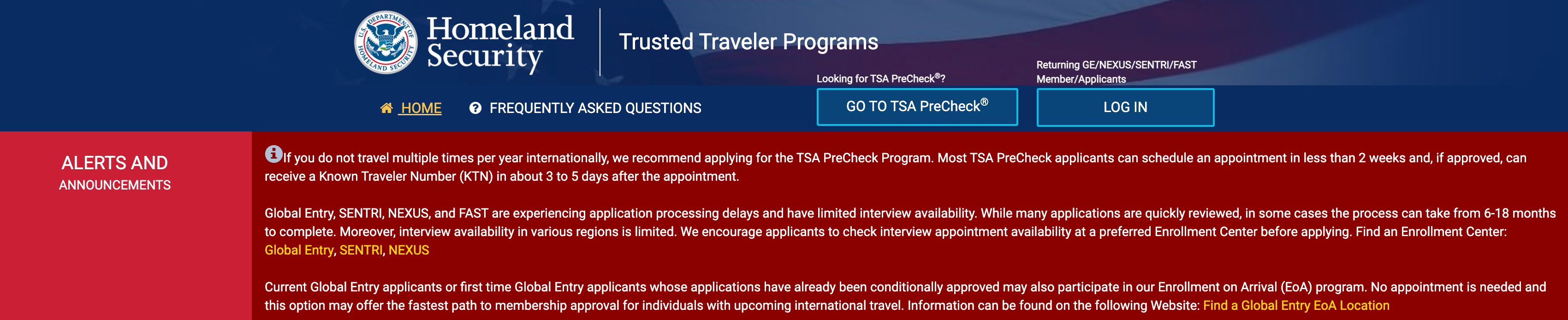 Warning fDHS screenshot with 6-18 month wait times for Global Entry applicants