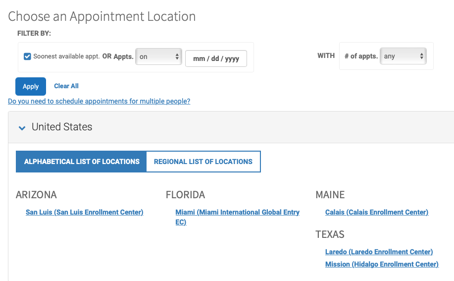 Screenshot of upcoming Global Entry interview slots