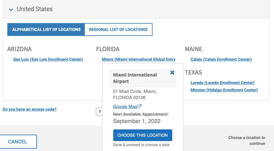Screenshot showing interview availability for Global Entry at MIA on Sept. 1
