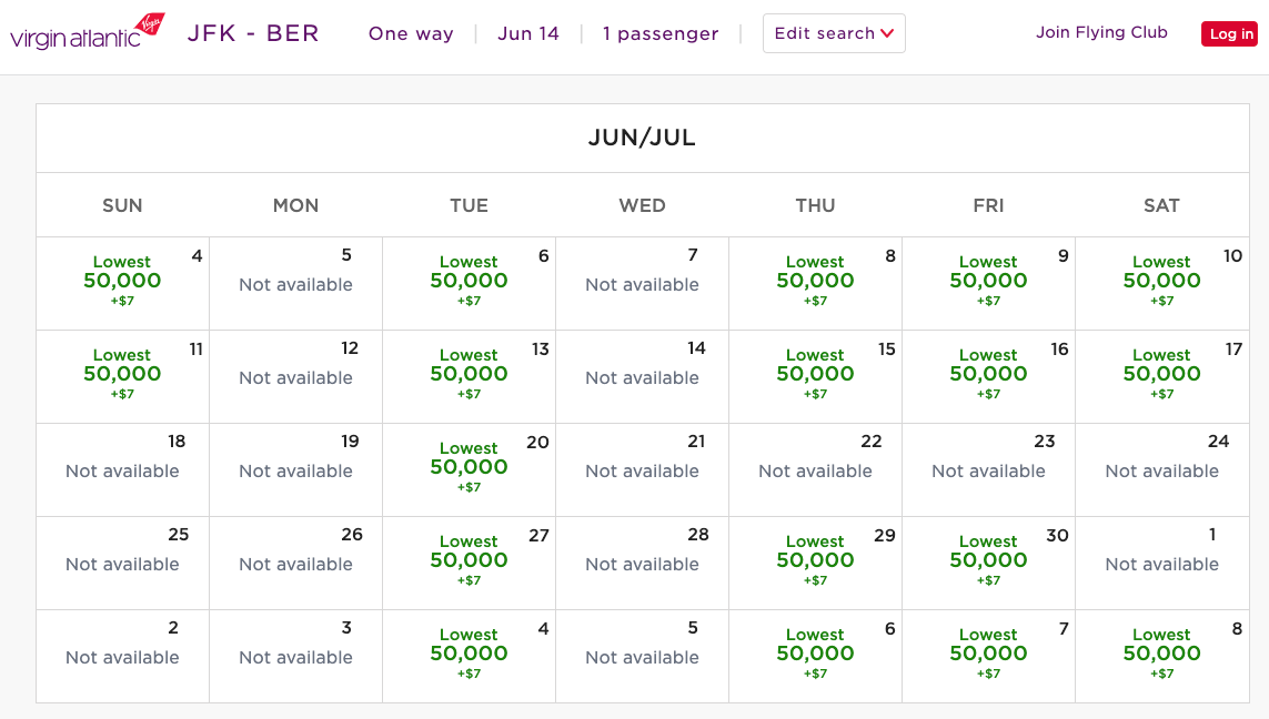 Virgin Atlantic award calendar from JFK to BER