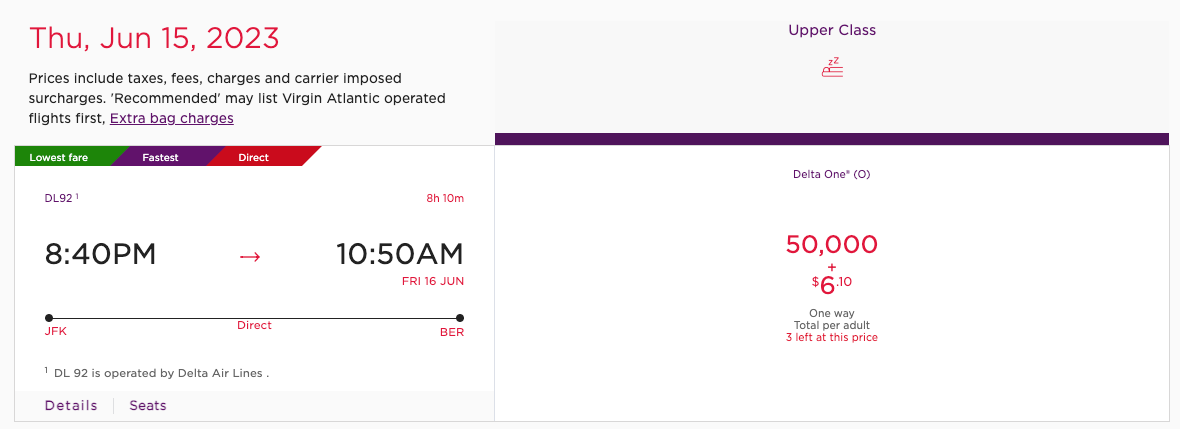 Delta award flight on Virgin Atlantic's website