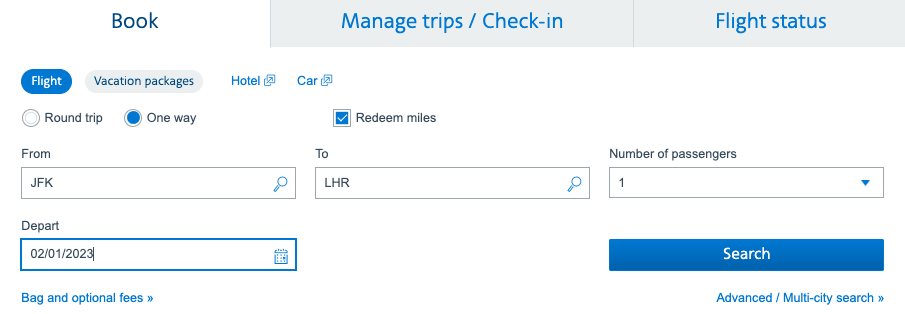 Searching for American award flights