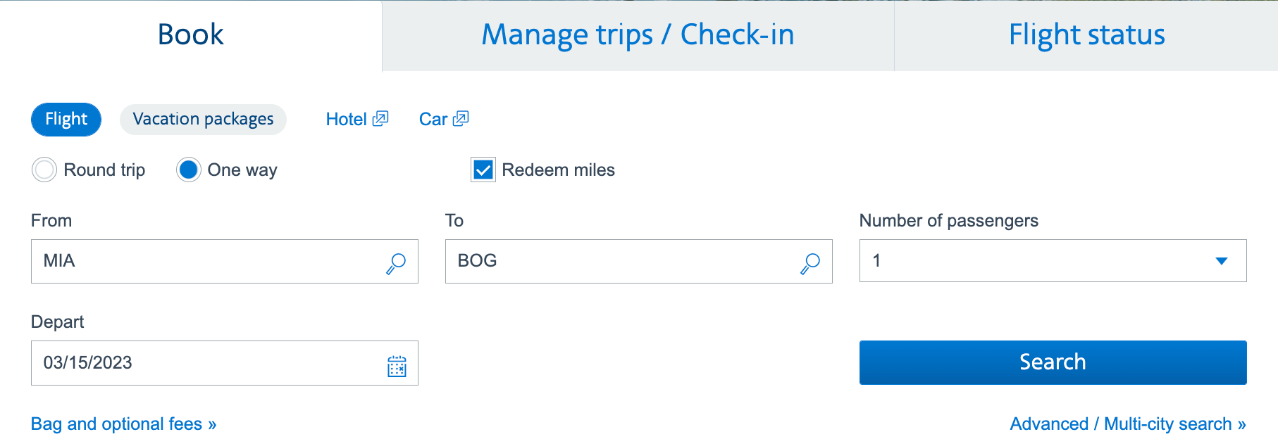Searching for an award on the American Airlines website