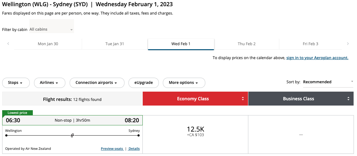 WLG to SYD award ticket