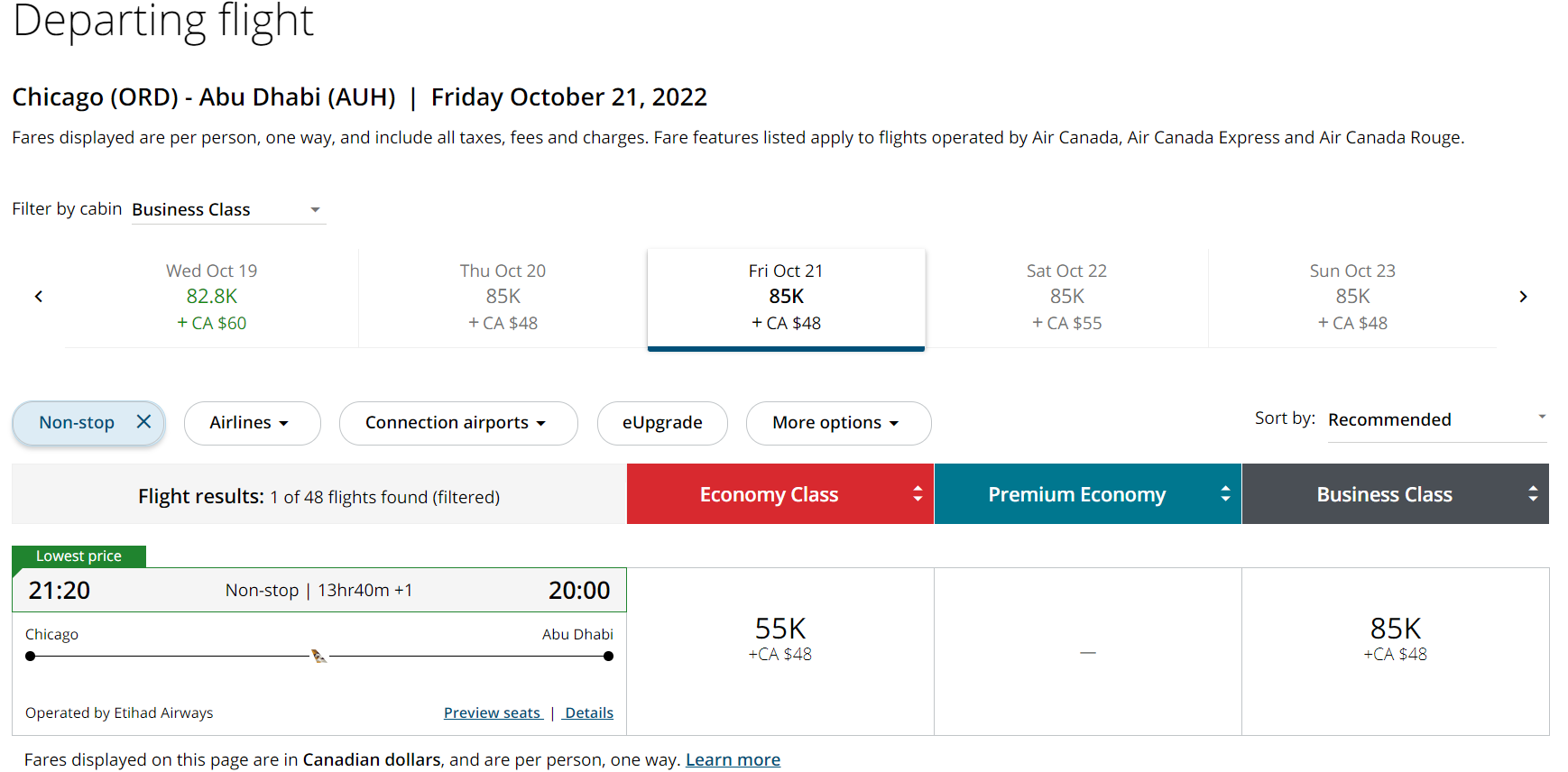 Book Etihad business award through Aeroplan