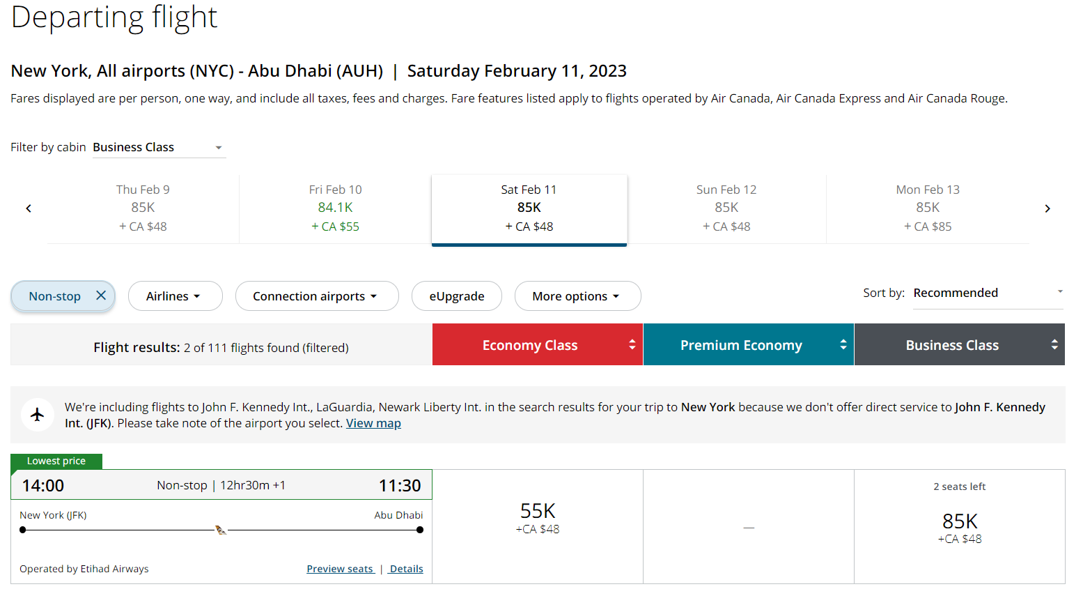 Book Etihad business award through Aeroplan