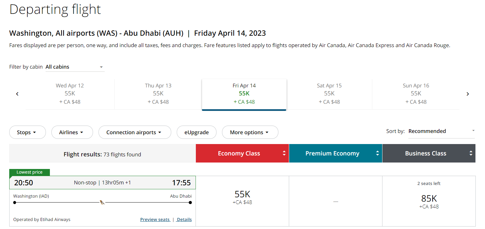 Book Etihad business award through Aeroplan