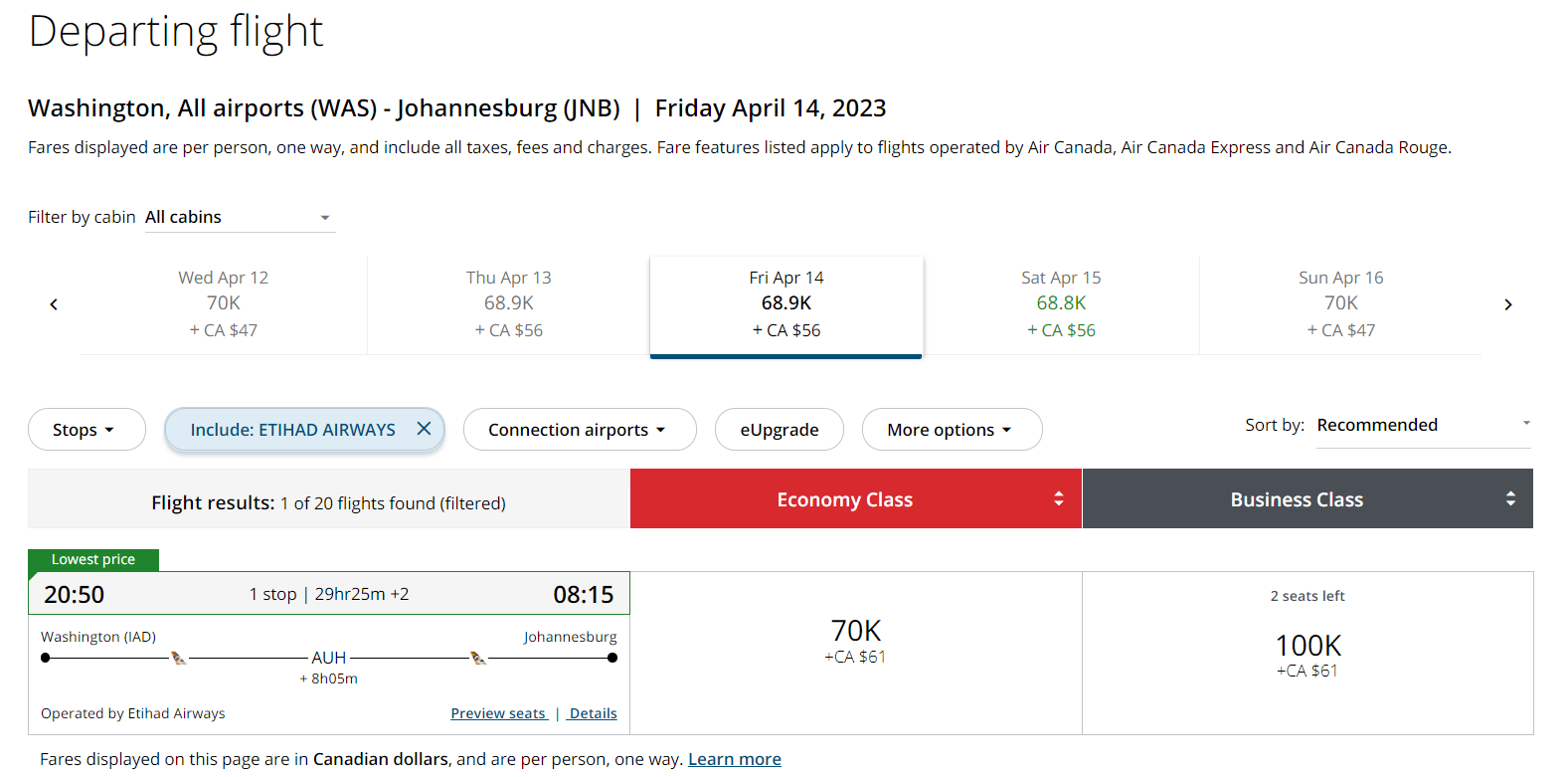 Book Etihad business award through Aeroplan