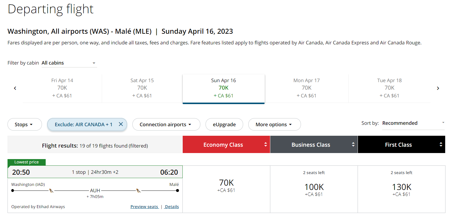 Book Etihad business award through Aeroplan
