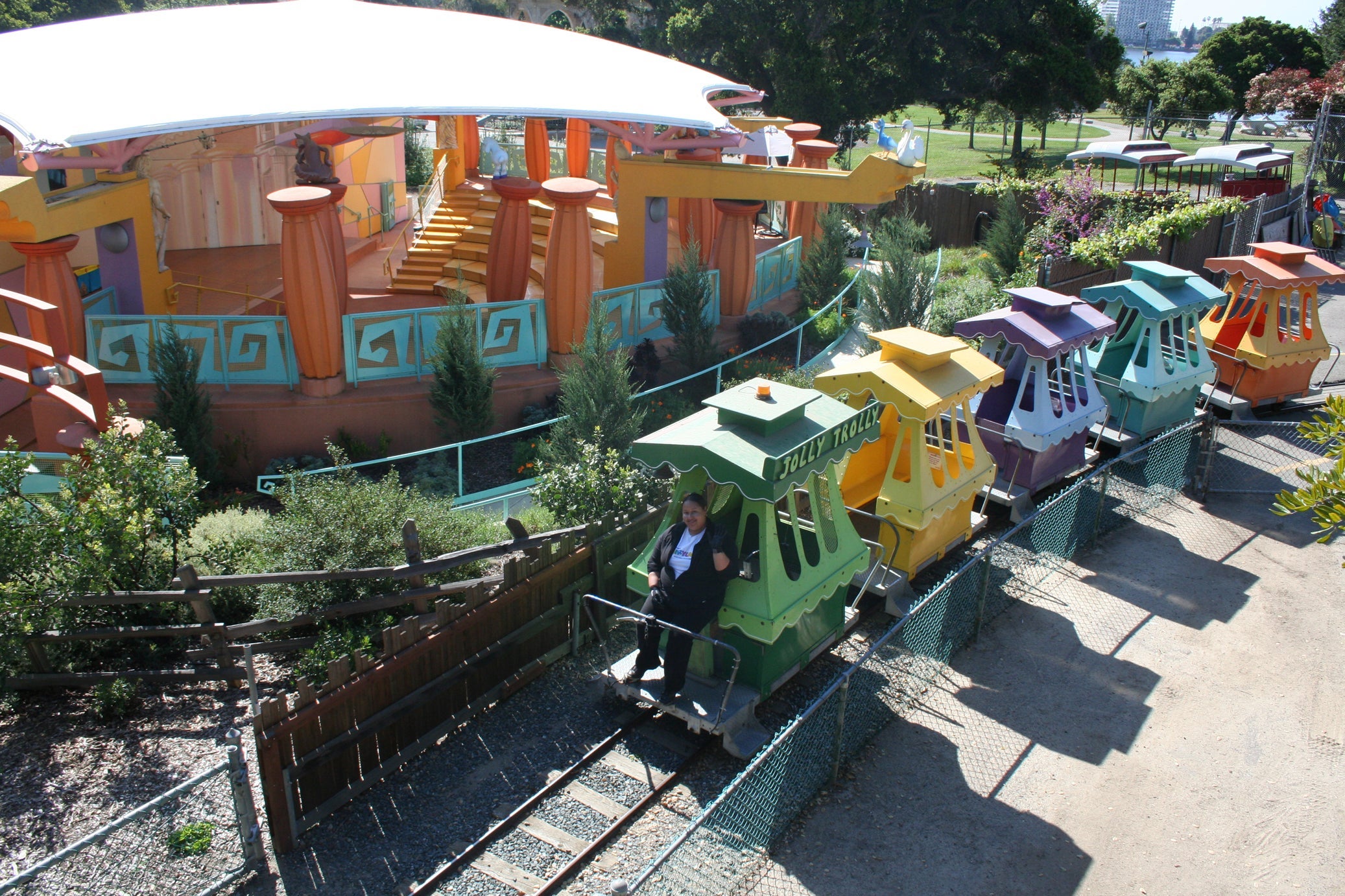 colorful trolley cars at Children's Fairyland